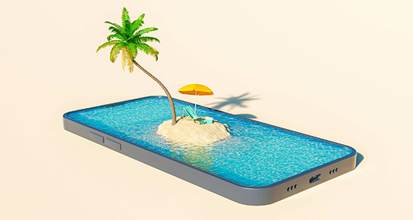 A smartphone screen resembles a tropical paradise with a tiny island. It features a palm tree, a yellow umbrella, and blue water, conveying a serene vacation vibe.