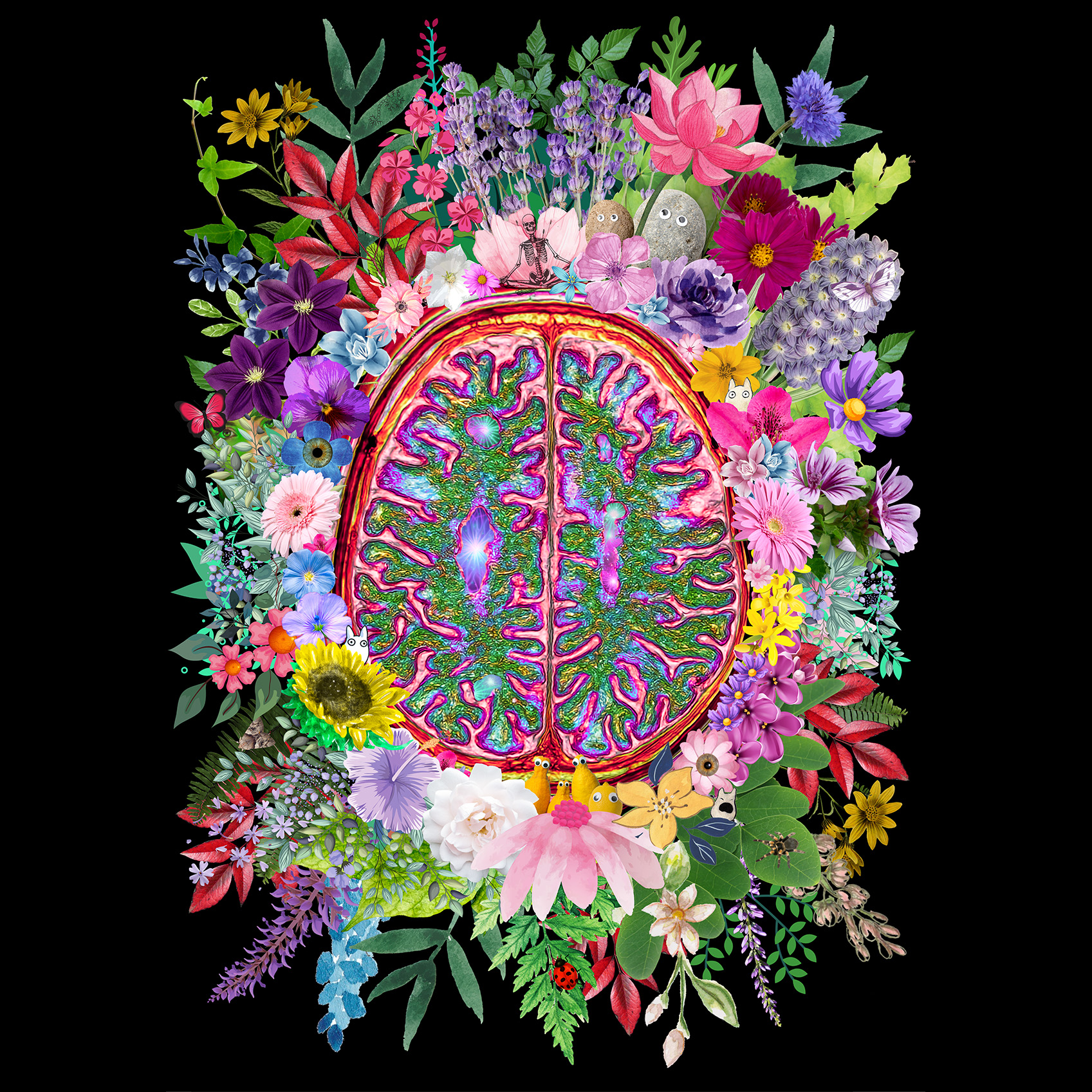 Multimedia artwork depicting an MRI brain scan surrounded by vibrant flowers, insects and other symbolic objects