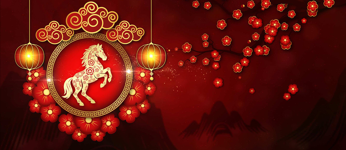 Graphic showcasing horse and associated Spring festival imagery