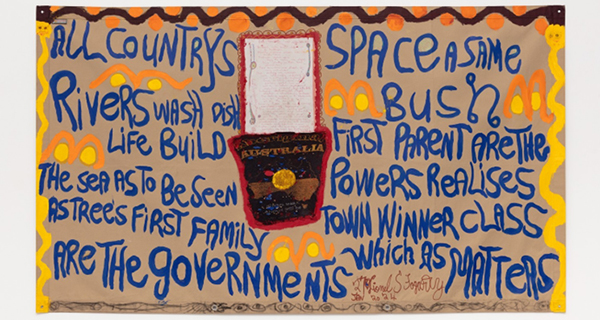 Lionel Fogarty, “All Countrys Space A Same” (2024), acrylic, fabric, glitter on tarpaulin. 
