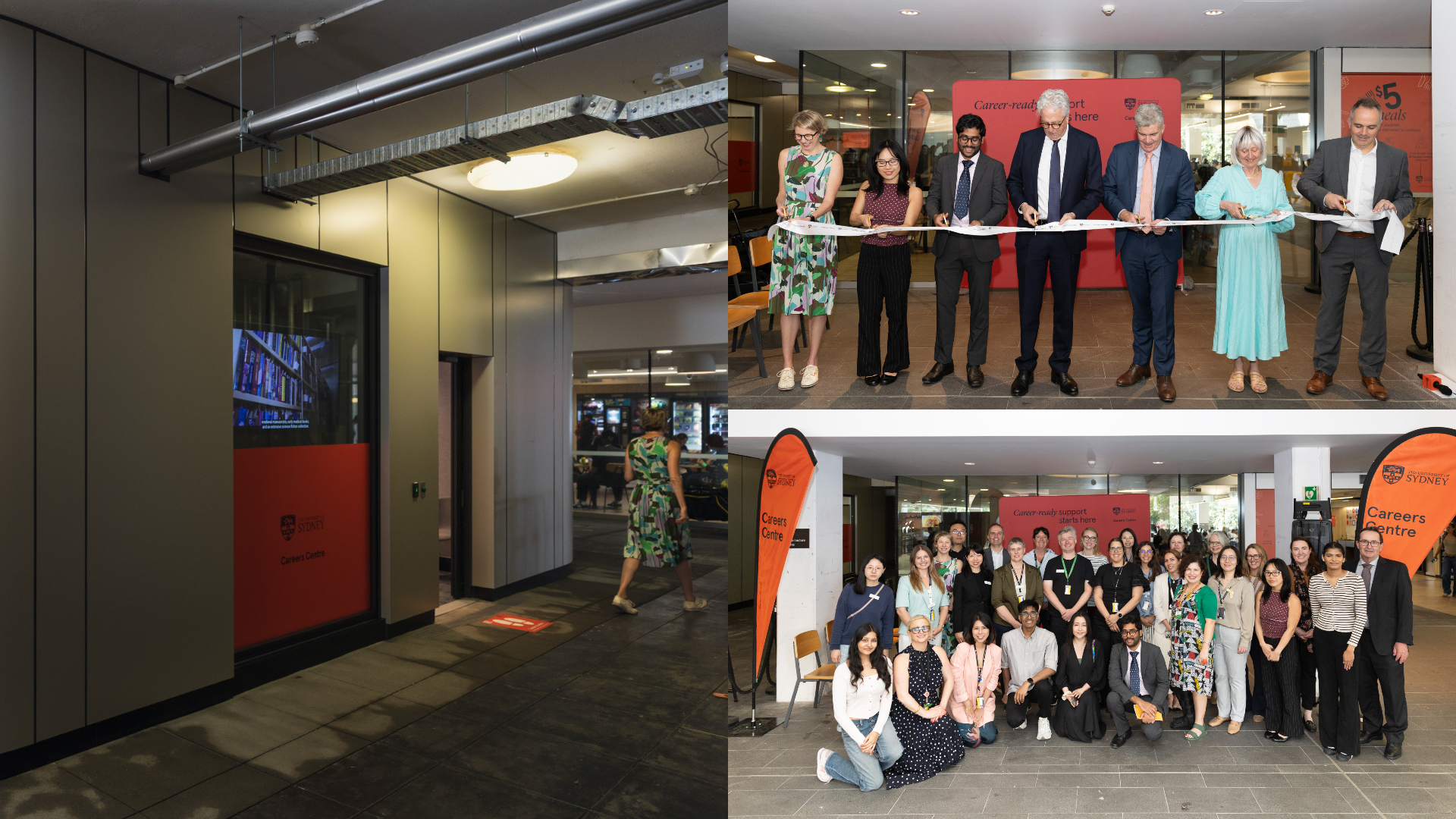 A collage showing the new Careers Centre location, ribbon cutting ceremony, and group shot