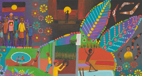 Colourful artwork featuring people gathering, the Aboriginal flag, and bright colours. Nature and abstract patterns surround the scene.