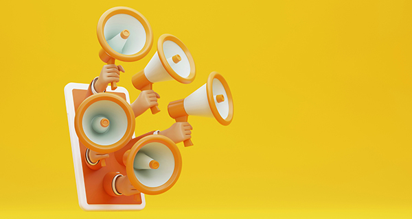Illustration of three hands holding megaphones emerging from a smartphone on a yellow background, conveying ideas of communication and amplification.