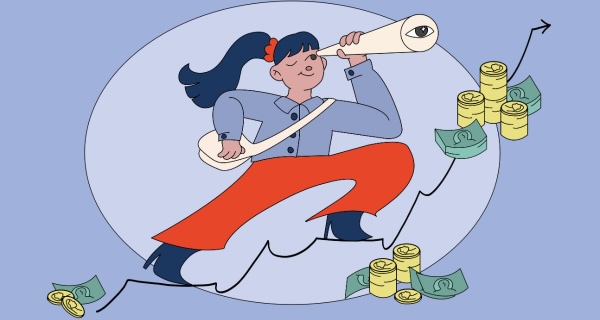 A person with a confident expression, wearing red pants and a blue top, looks through a telescope. They stride upward on a graph line, surrounded by stacks of coins and paper money, symbolizing financial growth and optimism. The background is purple, enhancing the dynamic and aspirational tone.