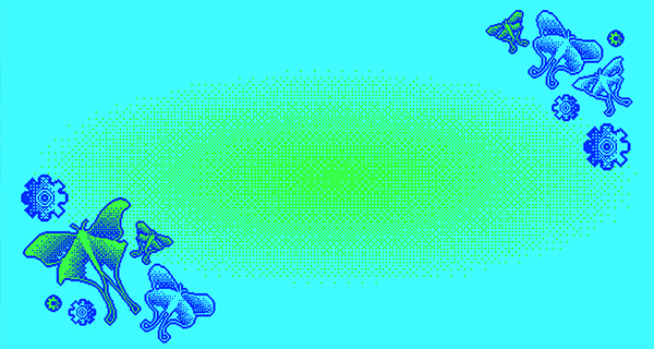 Bright blue background with green halftone gradient center. Blue butterflies, gears, and mushrooms decorate the corners, creating a whimsical tone.