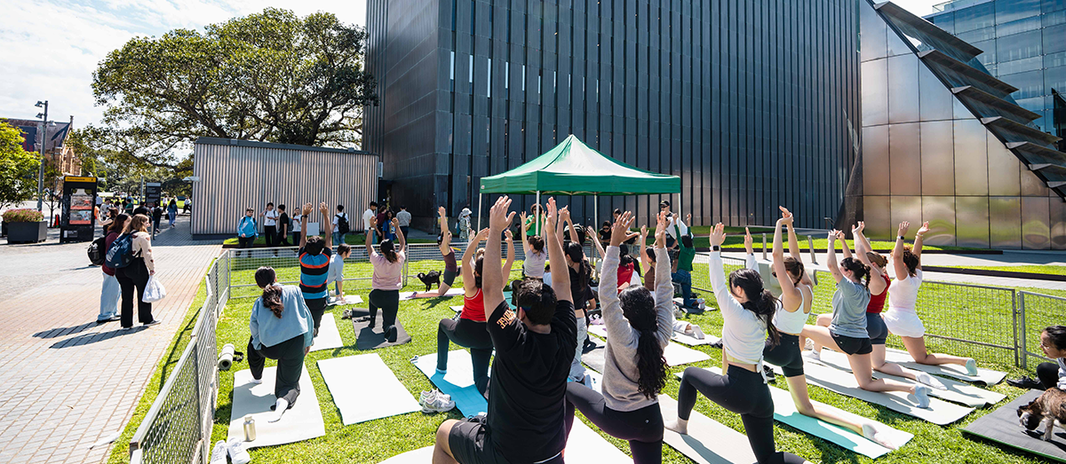 Students doing yoga on the law lawns