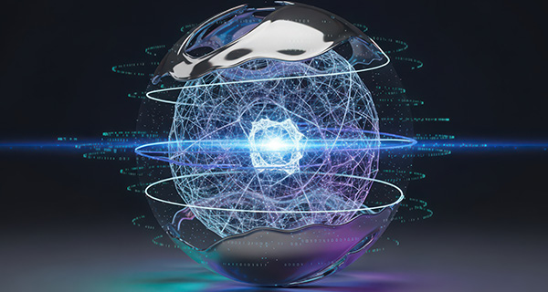A glowing orb of network connections, surrounded by swirling digital and metallic rings
