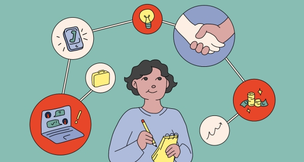 A person surrounded by icons representing a phone, light bulb, handshake, folder, laptop, and coins, suggesting ideas and collaboration.