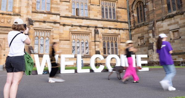 WELCOME sign in front of The Quad