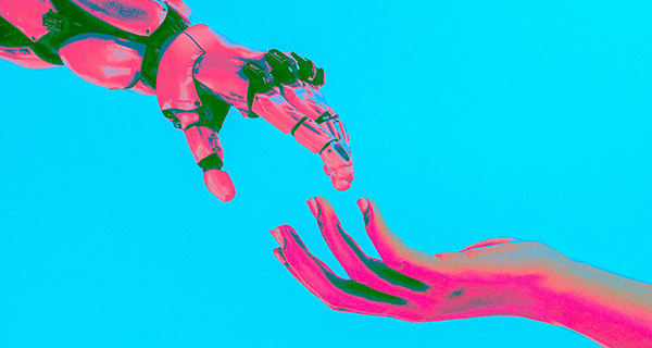 A robotic hand reaching toward a human hand against a bright blue background