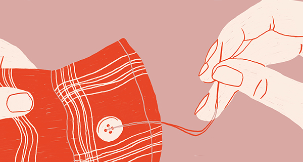 Illustration of hands sewing a button on a red plaid shirt