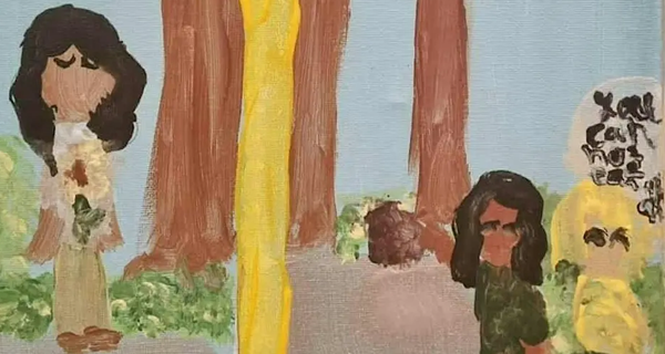Artwork by Chloe Harper titled A Shared Path-Outdoor acrylic painting showing a scene divided by a thick yellow stripe. On the left, an isolated girl with dark hair, representing disability and loneliness. On the right, two girls, one with bright yellow hair, symbolizing finding a like-minded friend (Autism connection). The background has trees and a blue sky.