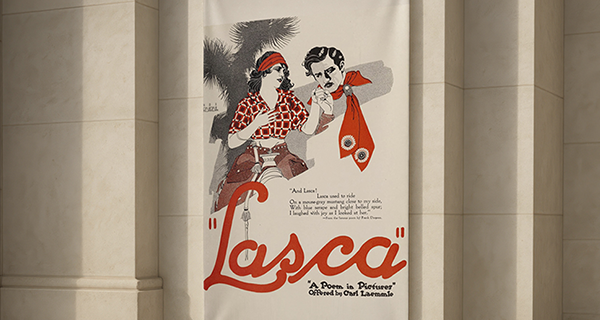 Vintage “Lasca” poster shows a stylish couple in red and black clothing, posed together.