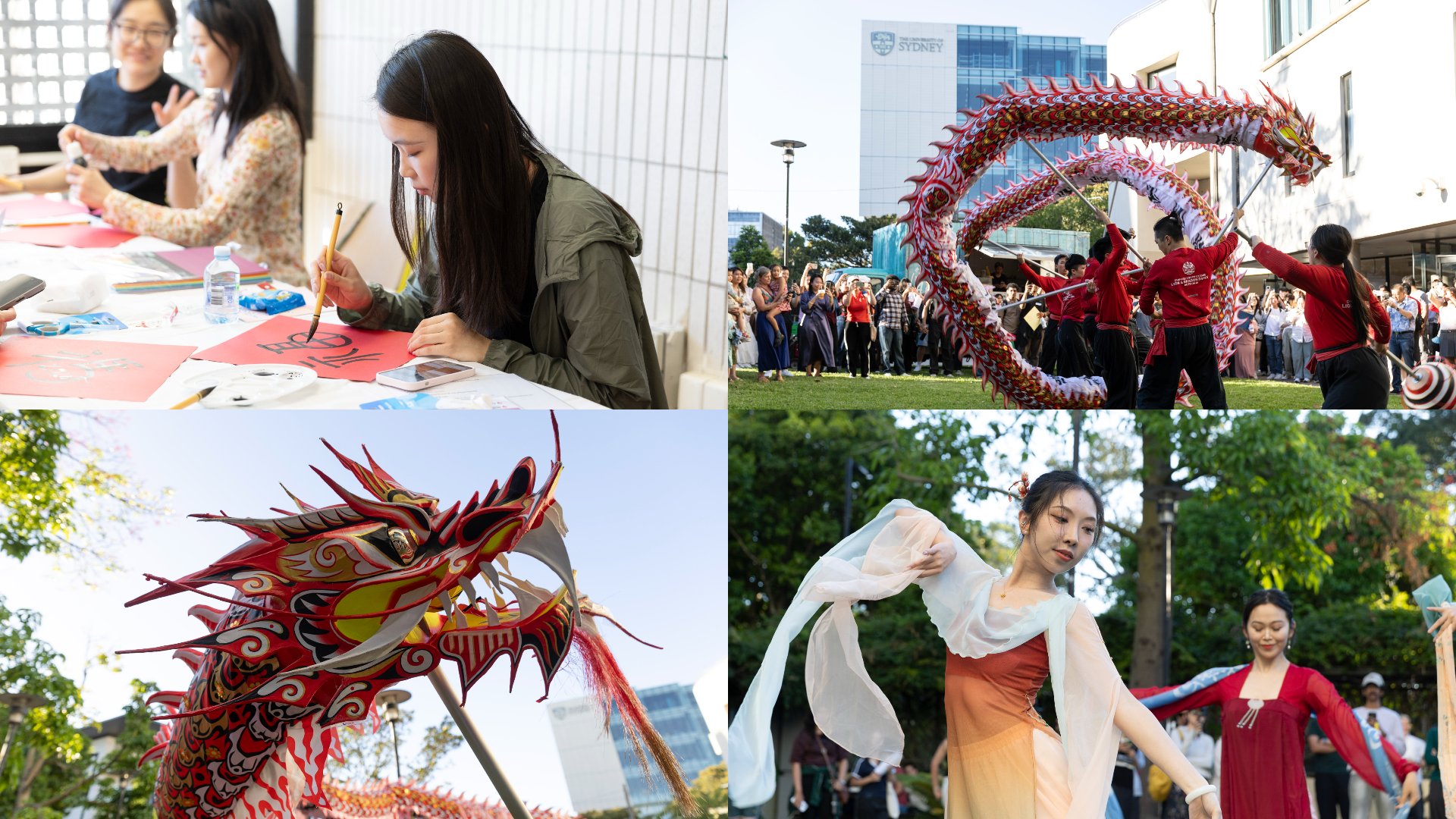A collage with imagery from the on-campus New Years celebrations: students practicing calligraphy, a dynamic dragon dance on the Wentworth lawns, a close-up of a dragon's head, and women performing a traditional dance performance.