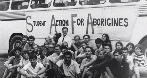 Participants in the 1965 Freedom Ride pictured in front of the bus