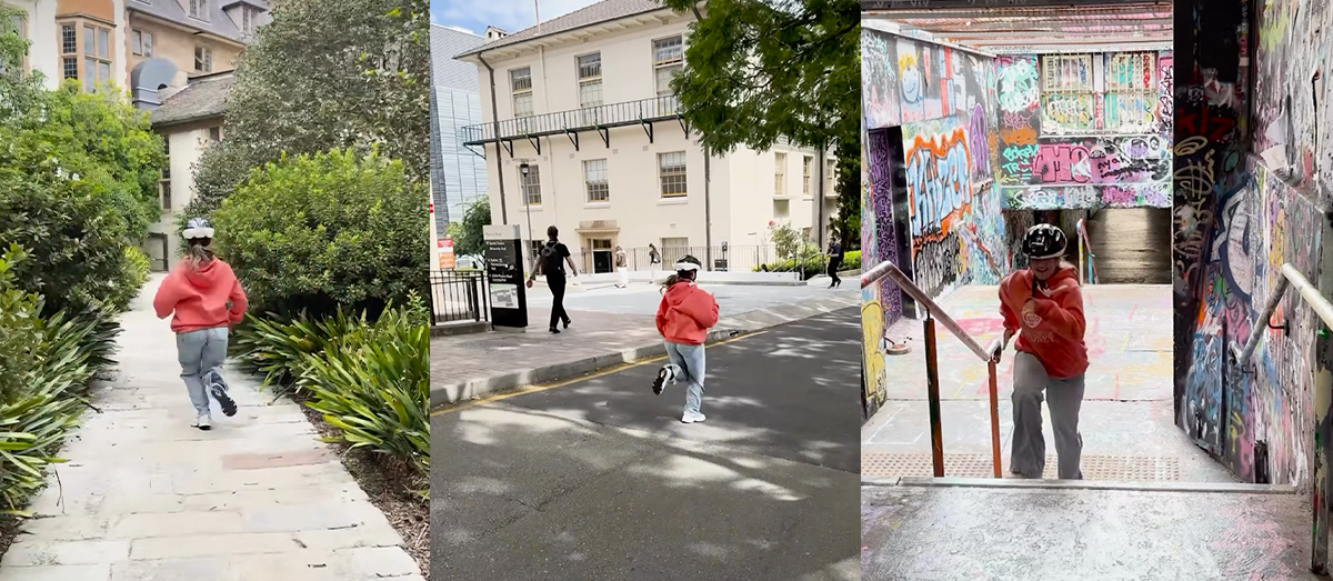 Three stills from a video of student Jewel running around campus wearing a helmet with a camera strapped to it.