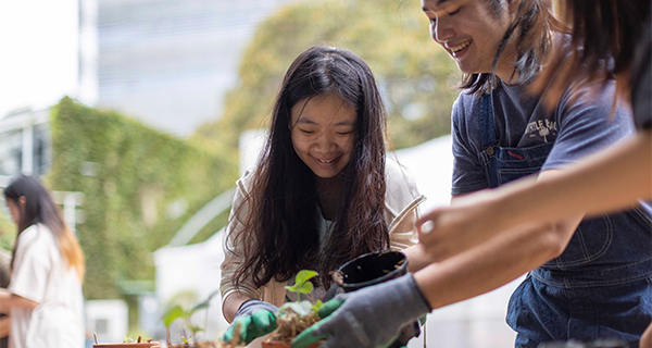 Three students gardening