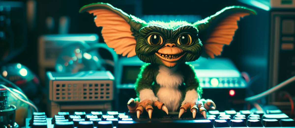 AI generated image of a gremlin typing on a keyboard