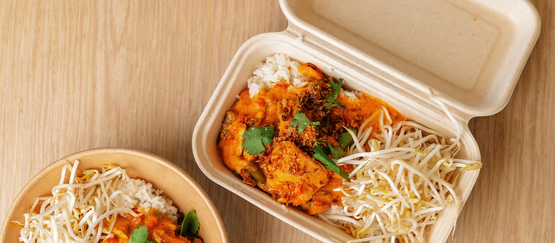 Curry with rice and bean sprouts in a white rectangle box