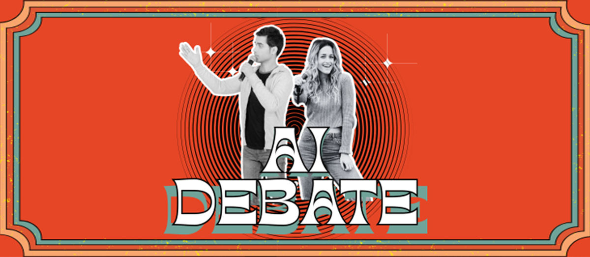 Two people stand against an ochre background. Bold text reads 