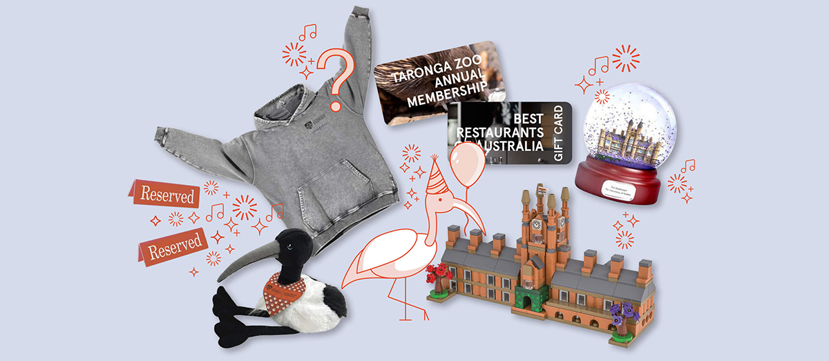 A collage of gift items on a light background, featuring a gray jacket, stuffed bird, zoo membership card, restaurant gift card, building model, and snow globe