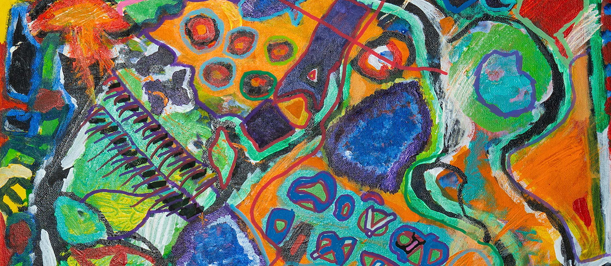 Life (2024) by Shai de Vletter-Sont, featured artwork of the Disability Inclusion Festival 2025. Abstract painting featuring vibrant colors like orange, green, and blue. Curved and jagged shapes interweave, creating a dynamic energy.