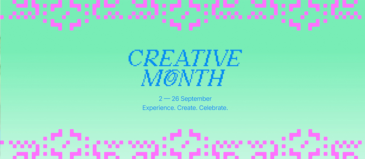 Bright green background with pixelated pink border. Text reads 