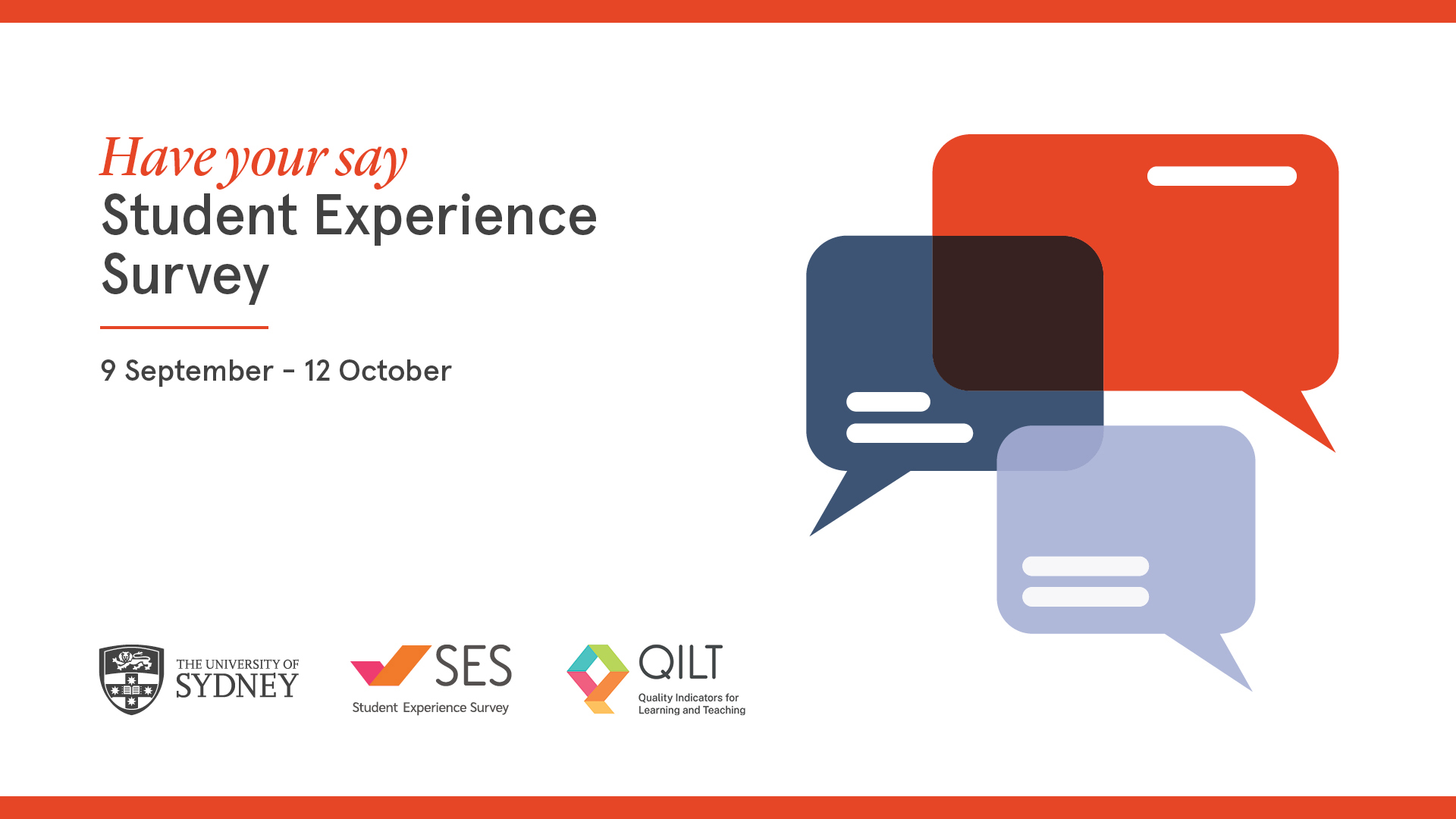 Promotional banner for the Student Experience Survey with speech bubbles in red, navy, and light blue. Dates: 9 September - 12 October. Logos of University of Sydney, SES, and QILT present.