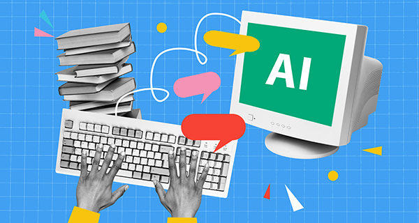 Hands typing on a keyboard, stack of books, retro monitor displaying AI on blue graph paper background.
