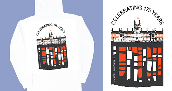 A white hoodie with ''Celebrating 175 years'' and digital artwork against a purple backdrop.