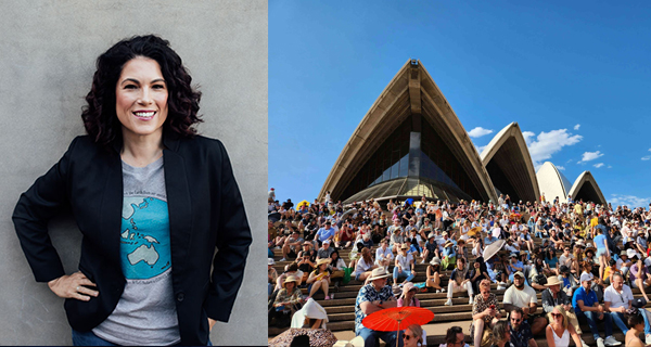 Rebecca Huntley next to a photograph of the Sydney Opera House.