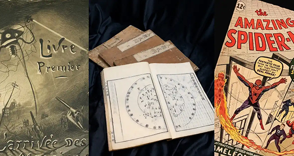 La guerre des mondes (War of the Worlds) by H. G. Wells, SF W454 J14 TF 2 天經或問 Tian jing huo wen (Some questions about astronomy), EA 7108 7 The amazing Spider-Man, vol. 1, no. 1, March 1963 by Stan Lee, RB 9863.3