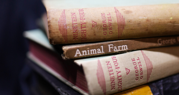 George Orwell novels Animal Farm and Nineteen Eighty-Four stacked atop one another