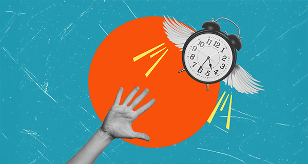 A surreal image featuring a flying alarm clock with wings above a reaching hand. A large red circle and blue background add a sense of urgency and time slipping away.