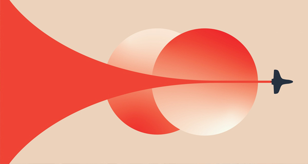 An ochre and beige poster featuring a plane flying across the design.