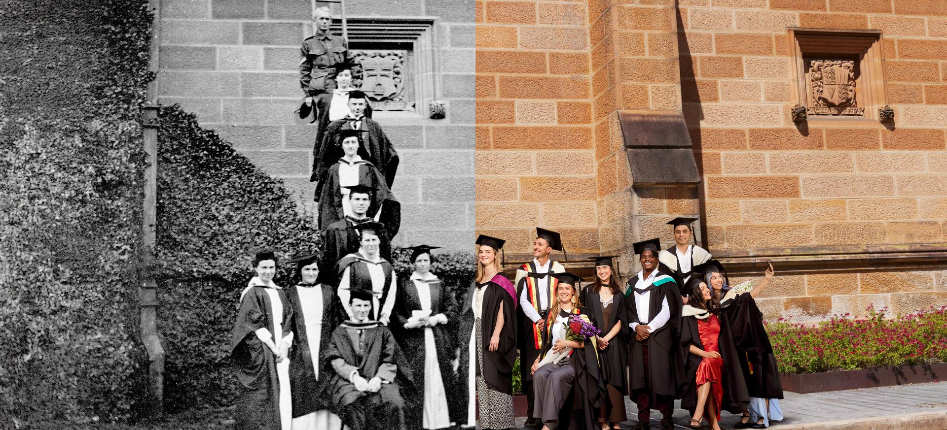 Graduating students at The Quad in the past and today.