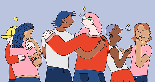 A cartoon of six people, some embracing, hugging and laughing.