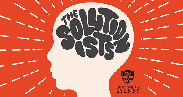 A silhouette of a head with ''The Solutionists'' written inside it on an ochre background