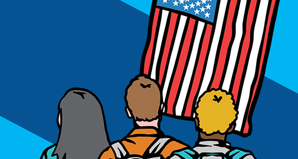 Graphic of US flag and three people looking up to the flag