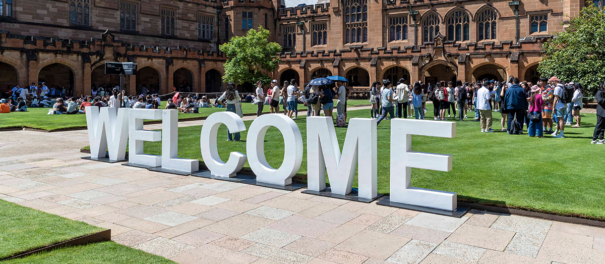 large letters on the quad spelling out ''WELCOME''