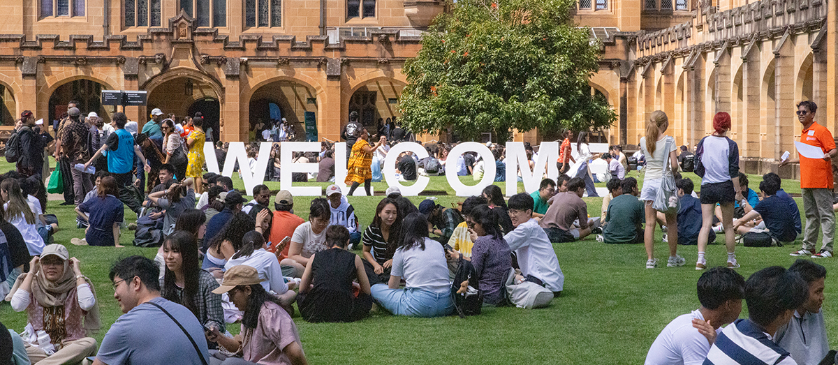 Students on the quad chatting