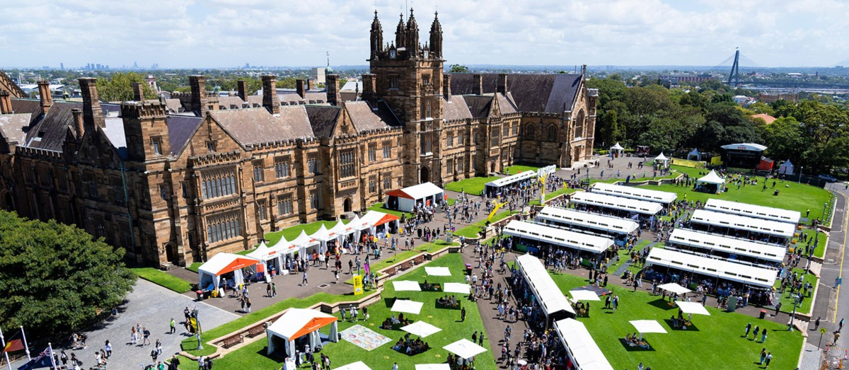 Aerial shot of the Quad with welcome stalls on the lawn
