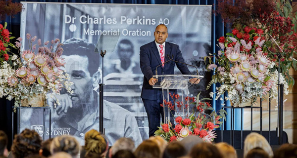 Joshua Creamer delivering the 2024 Dr Charles Perkins Oration keynote address