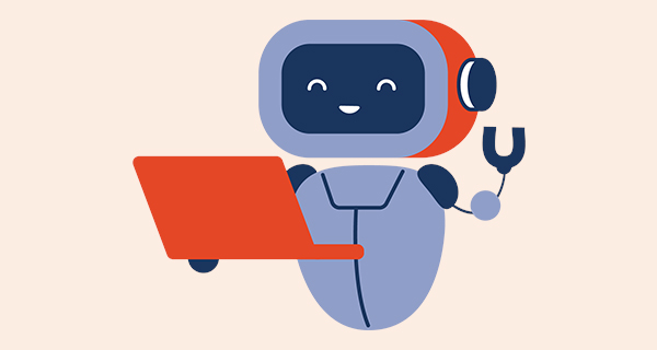 Friendly robot holding a laptop