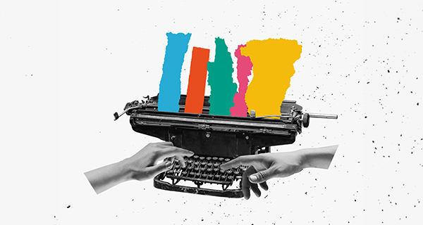 A graphic of hands on a typewriter